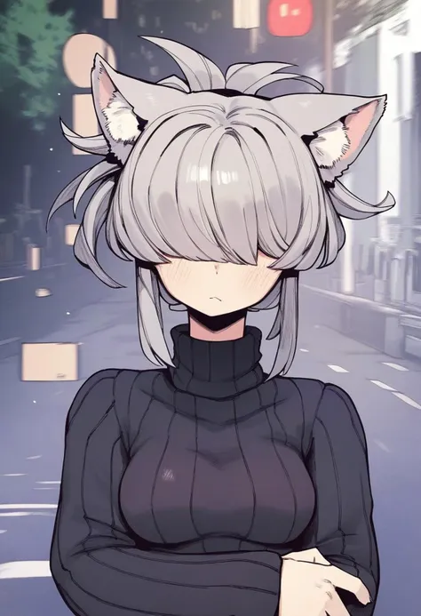 score_9, score_8_up, score_7_up,score_6_up,score_5_up,score_4_up,  light grey hair, blush, breasts, hair ornament, cat ears, cat tail, breasts, long grey hair, long sleeves, looking at viewer, hair covering eyes, ribbed sweater, street background, sweater, turtleneck, turtleneck sweater, black sweater, bottomless, taking photo, Camera in hands
 <lora:karasu_chan_style_pony6_v1:.95>