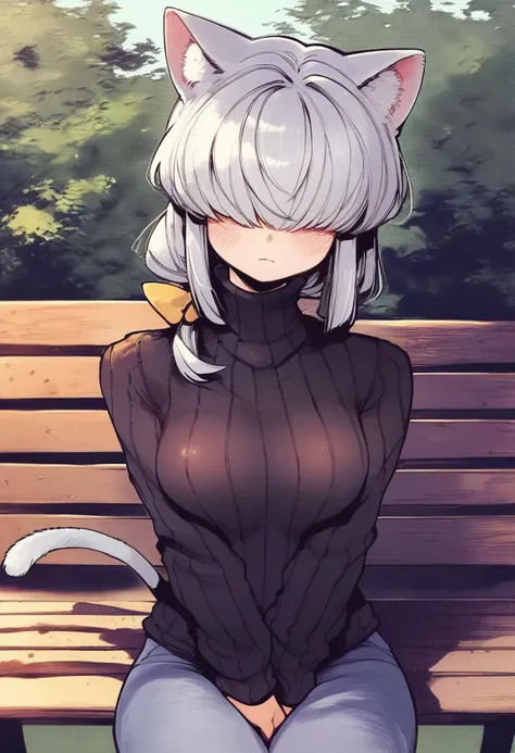 score_9, score_8_up, score_7_up,score_6_up,score_5_up,score_4_up,  light grey hair, blush, breasts, hair ornament, cat ears, cat tail, breasts, long grey hair, long sleeves, looking at viewer, hair covering eyes, ribbed sweater, park background, sweater, turtleneck, turtleneck sweater, black sweater, bottomless, on bench
 <lora:karasu_chan_style_pony6_v1:.95>