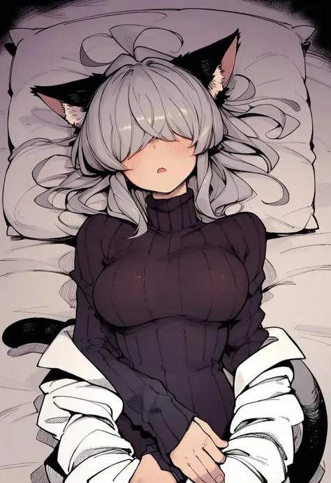 score_9, score_8_up, score_7_up,score_6_up,score_5_up,score_4_up,  light grey hair, blush, breasts, hair ornament, cat ears, cat tail, breasts, long grey hair, long sleeves, hair covering eyes, ribbed sweater, room background, sweater, turtleneck, turtleneck sweater, black sweater, bottomless, lab coat, sleeping on bed
 <lora:karasu_chan_style_pony6_v1:.95>