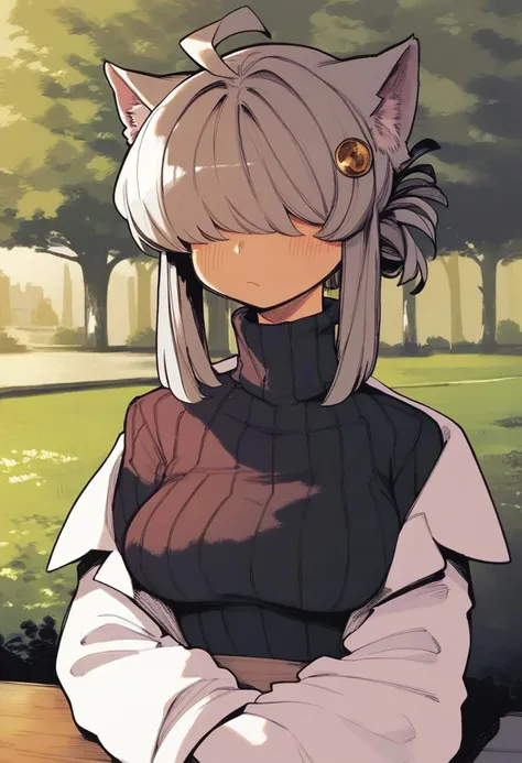 score_9, score_8_up, score_7_up,score_6_up,score_5_up,score_4_up,  light grey hair, blush, breasts, hair ornament, cat ears, cat tail, breasts, long grey hair, long sleeves, looking at viewer, hair covering eyes, ribbed sweater, park background, sweater, turtleneck, turtleneck sweater, black sweater, bottomless, lab coat, sleeping on table
 <lora:karasu_chan_style_pony6_v1:.95>