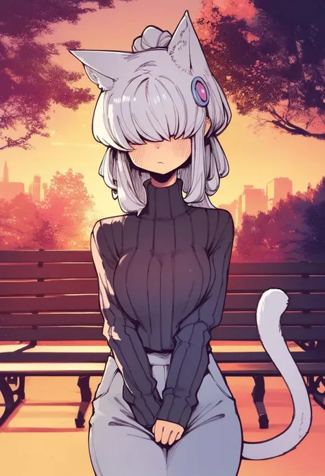 score_9, score_8_up, score_7_up,score_6_up,score_5_up,score_4_up,  light grey hair, blush, breasts, hair ornament, cat ears, cat tail, breasts, long grey hair, long sleeves, looking at viewer, hair covering eyes, ribbed sweater, park background, sweater, turtleneck, turtleneck sweater, black sweater, bottomless, on bench, sunrise, flashing tits, lifting sweater 
 <lora:karasu_chan_style_pony6_v1:.95>