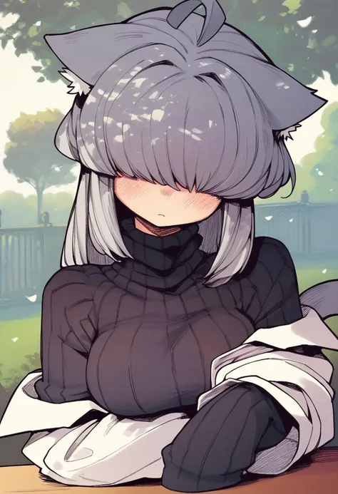 score_9, score_8_up, score_7_up,score_6_up,score_5_up,score_4_up,  light grey hair, blush, breasts, hair ornament, cat ears, cat tail, breasts, long grey hair, long sleeves, looking at viewer, hair covering eyes, ribbed sweater, park background, sweater, turtleneck, turtleneck sweater, black sweater, bottomless, lab coat, sleeping on table
 <lora:karasu_chan_style_pony6_v1:.95>