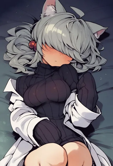 score_9, score_8_up, score_7_up,score_6_up,score_5_up,score_4_up, light grey hair, blush, breasts, hair ornament, cat ears, cat tail, breasts, long grey hair, long sleeves, hair covering eyes, ribbed sweater, room background, sweater, turtleneck, turtleneck sweater, black sweater, bottomless, lab coat, sleeping on bed
<lora:karasu_chan_style_pony6_v1:.95>