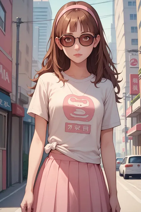 score_9, score_8_up, score_7_up, source_anime, 1girl, solo,<lora:NSAlicePortia:1> NSAlicePortia, brown hair, long hair, brown eyes, blunt bangs, glasses, pink t-shirt, pink skirt, city, sunglasses, pink hairband