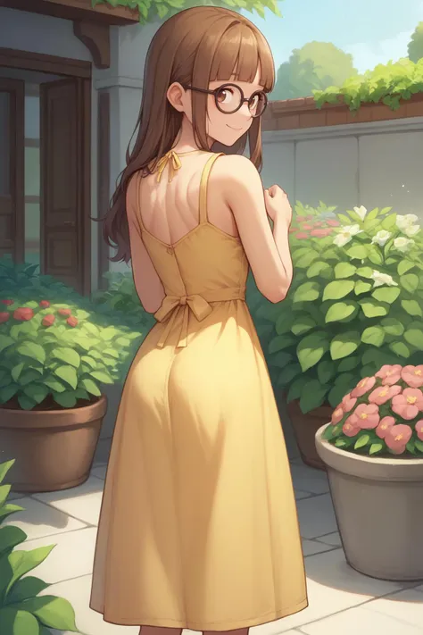 score_9, score_8_up, 1girl, solo,<lora:NSAlicePortia:1> NSAlicePortia, brown hair, long hair, brown eyes, blunt bangs, glasses, yellow sundress, from behind, looking back, smile, garden