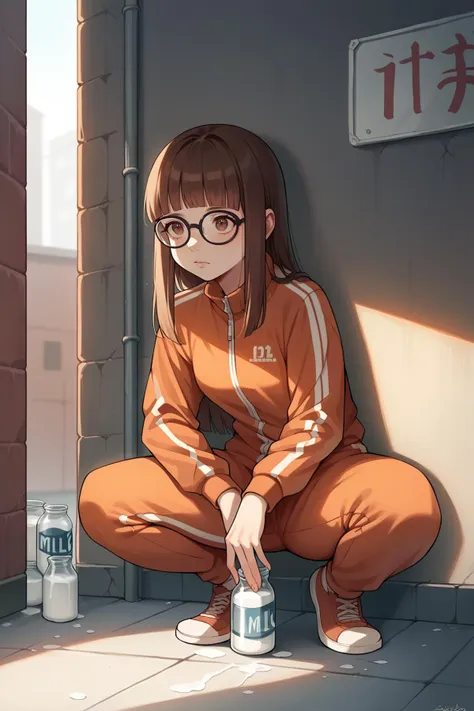 score_9, score_8_up, 1girl, solo,<lora:NSAlicePortia:1> NSAlicePortia, brown hair, long hair, brown eyes, blunt bangs, glasses, tracksuit, squatting, milk bottles, alleyway,