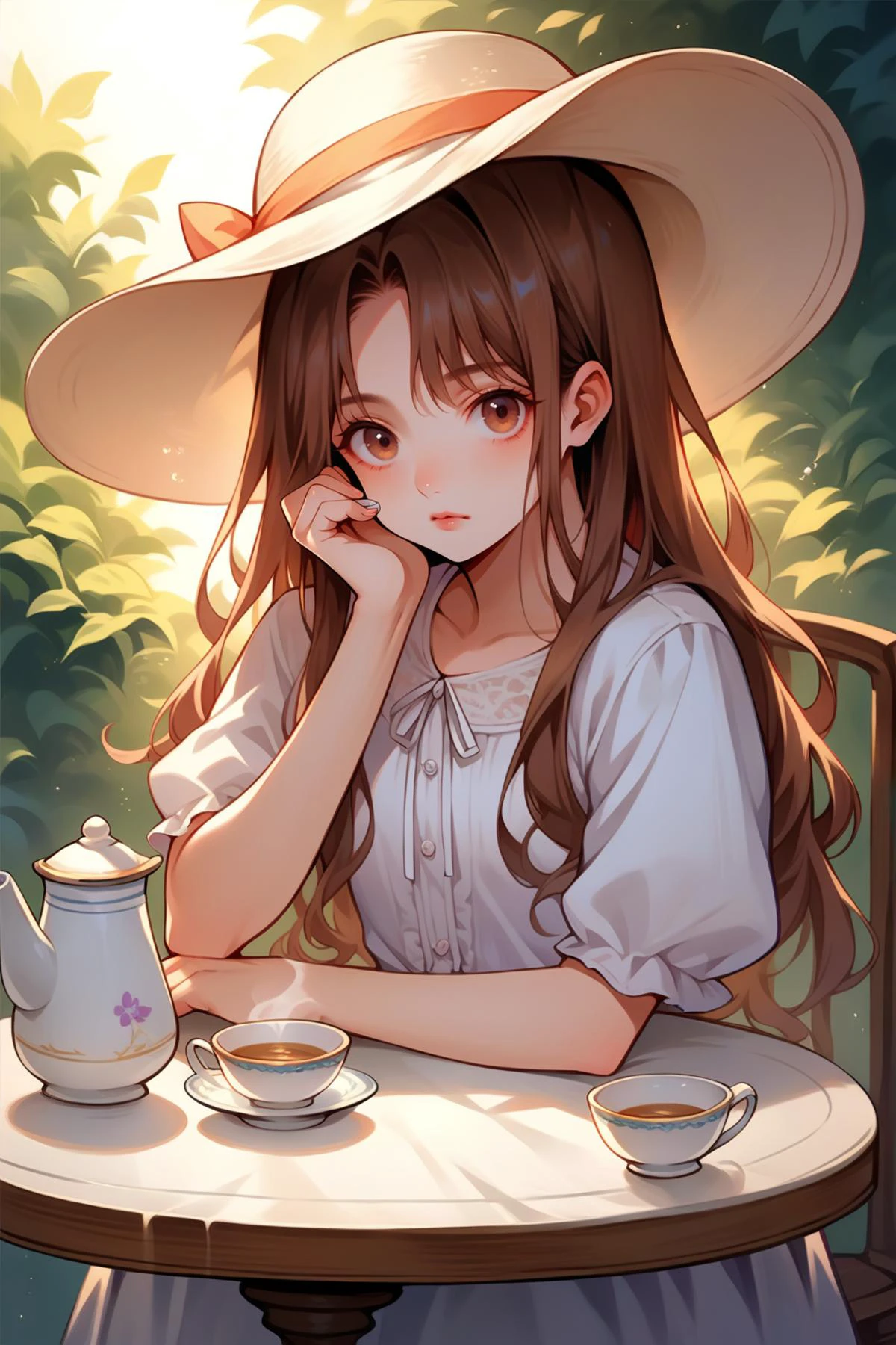 score_9, score_8_up, score_7_up, source_anime, 1girl, solo,<lora:NSAlicePortia:1> NSAlicePortia, brown hair, long hair, brown eyes, tea, table, sitting, looking at the viewer, sun hat, white blouse
