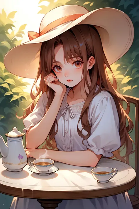 score_9, score_8_up, score_7_up, source_anime, 1girl, solo,<lora:NSAlicePortia:1> NSAlicePortia, brown hair, long hair, brown eyes, tea, table, sitting, looking at the viewer, sun hat, white blouse