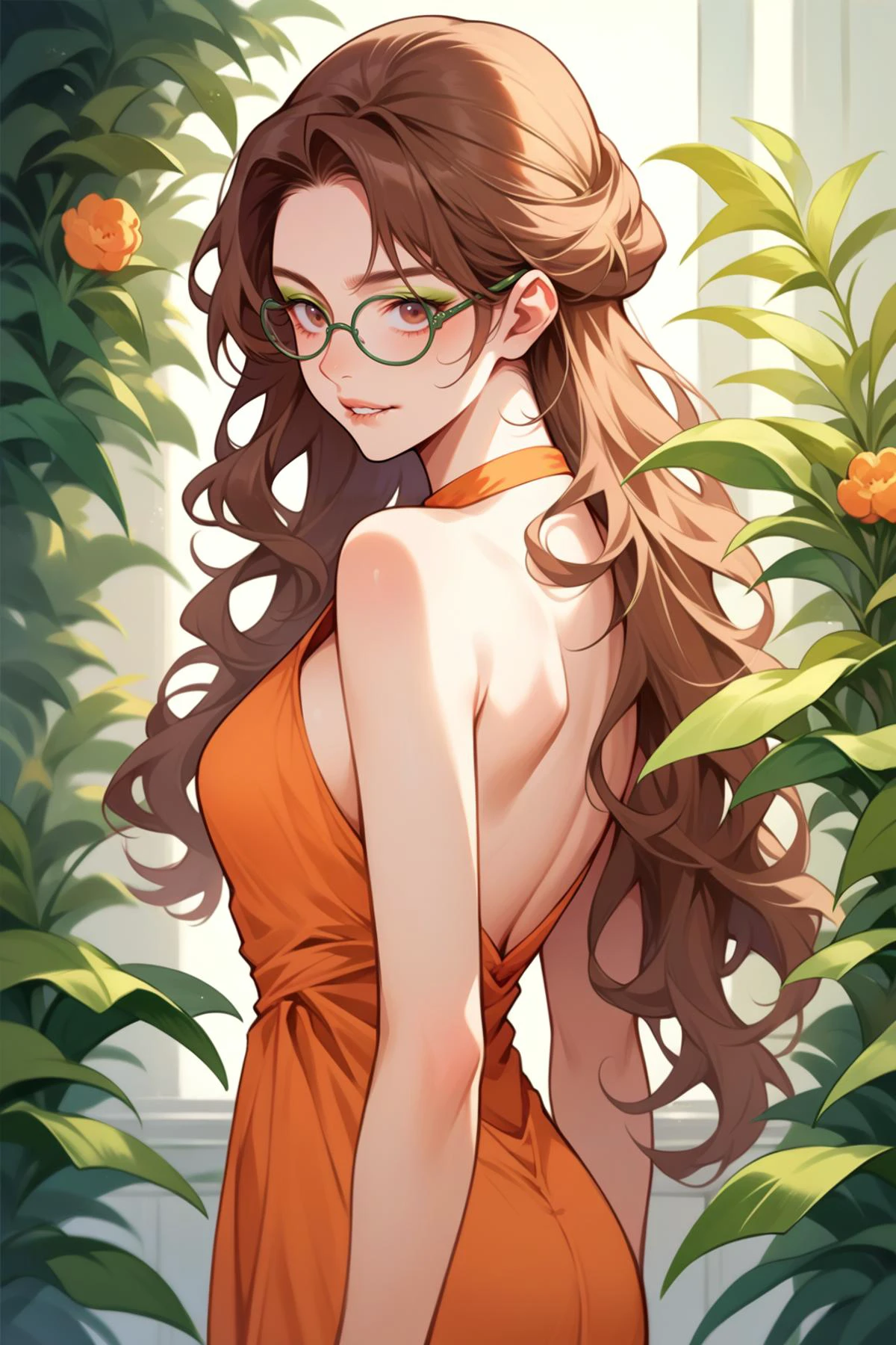 score_9, score_8_up, score_7_up, source_anime, 1girl, solo,<lora:NSAlicePortia:1> NSAlicePortia, brown hair, long hair, brown eyes, glasses, orange dress, evening dress, from side, looking at the viewer, green eyeshadow, bare back dress, shoulderless dress, lip bite, cowboy shot