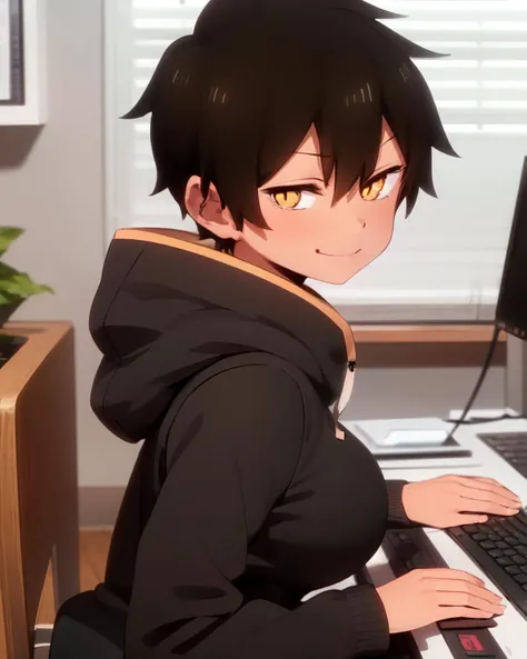 <lyco:Natsume-NAI-LyCORIS:0.8>
1girl, solo, the hacker known as ntsme sitting at a computer typing on keyboard, looking at viewer, wearing oversized black hoodie, large breasts, smirk