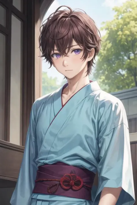 masterpiece, best quality, high quality, 1boy, solo, male focus, looking at viewer, upper body, <lora:yuu_setoguchi:0.58>, yuu_setoguchi, purple eyes, brown hair, , yukata