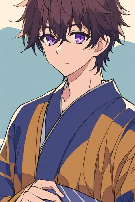 masterpiece, best quality, high quality, 1boy, solo, male focus, looking at viewer, upper body, <lora:yuu_setoguchi:0.58>, yuu_setoguchi, purple eyes, brown hair, , yukata