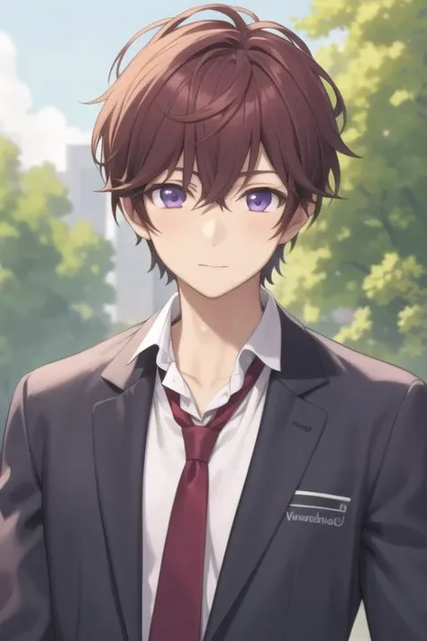 masterpiece, best quality, high quality, 1boy, solo, male focus, looking at viewer, upper body, <lora:yuu_setoguchi:0.58>, yuu_setoguchi, purple eyes, brown hair, , school uniform