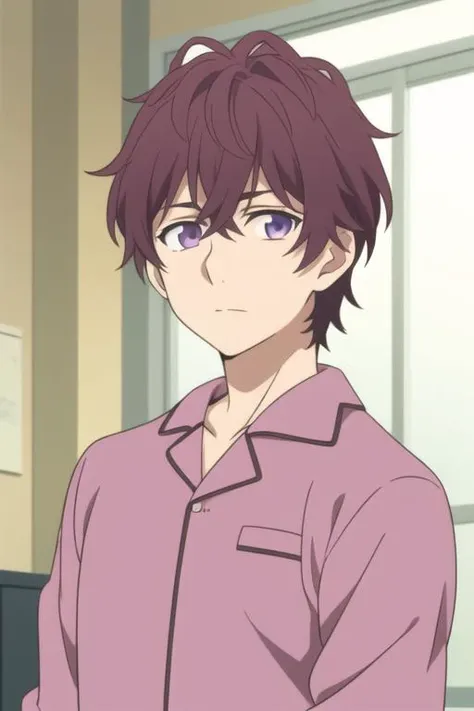 masterpiece, best quality, high quality, 1boy, solo, male focus, looking at viewer, upper body, <lora:yuu_setoguchi:0.70>, yuu_setoguchi, purple eyes, brown hair, , pajamas