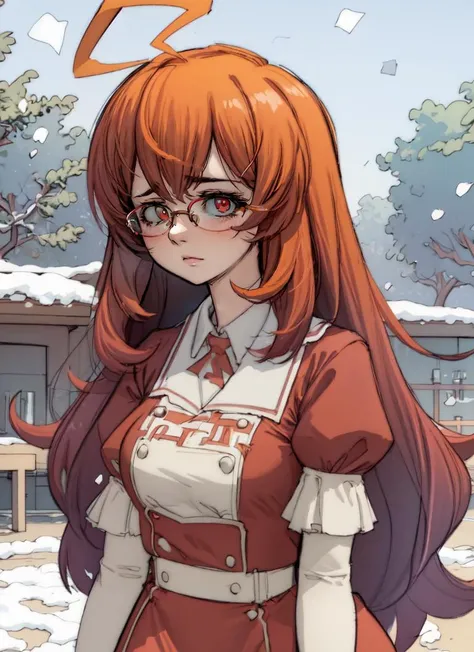 ((best quality)), ((highly detailed)), masterpiece, extremely detailed face, beautiful face, , (1girl), (glasses), dynamic pose, cowboy shot, <lora:hairdetailer:.5>, <lora:stadiachan:1>, stadia-chan, long hair, orange hair, huge ahoge, (multicolored eyes), royal robe, maxidress, (outdoors, at a basketball court, noon, snowing), <lora:pantsu-ripper:1>