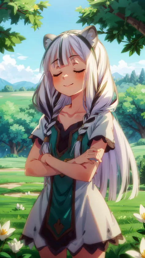 1girl, atla, long hair, bangs, animal ears, very long hair, (closed eyes:1.5), braid, white hair, multicolored hair, twin braids, dress, collarbone, white dress, green dress, multicolored dress, countryside, Yellow Flowering Fragrant Olive, crossed arms, smile, <lora:shield atla s3-lora-nochekaiser:1> , <lora:add_detail:1>