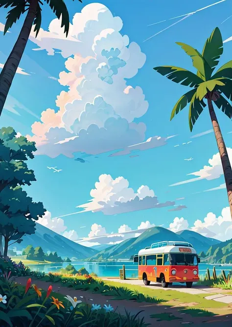 beach, bench, bicycle, blue sky, building, bus stop, bush, car, cloud, cloudy sky, condensation trail, day, field, flower, forest, grass, ground vehicle, hill, horizon, house, island, lake, landscape, motor vehicle, mountain, mountainous horizon, nature, no humans, ocean, outdoors, palm tree, path, plant, power lines, river, road, scenery, scooter, sky, summer, sunset, tree, tree shade, twilight, water