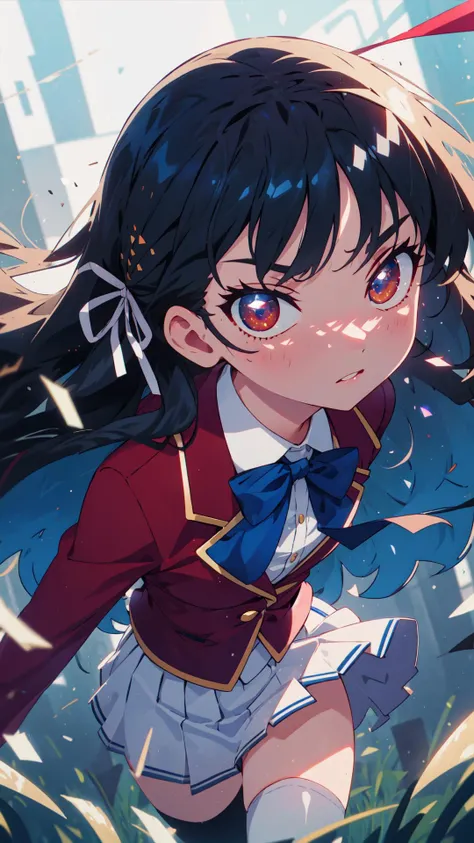 masterpiece, best quality, ultra-detailed, glistening shiny, glowing light, ray tracing, HDR, deph of field, (perfect face, detailed face),  1girl, solo,  <lora:ladneoczy:1>, aasuzune, long hair, black hair, (single braid:1.2), hair ribbon, red jacket, blazer, blue bowtie, long sleeves, white skirt, black thighhighs,  <lora:horikita_suzune_v1:0.7>