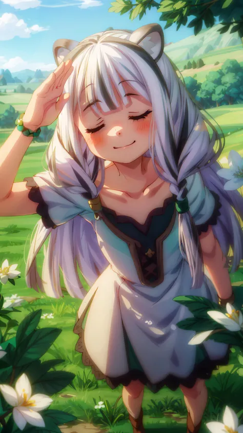 1girl, atla, long hair, bangs, animal ears, very long hair, (closed eyes:1.5), braid, white hair, multicolored hair, twin braids, dress, collarbone, white dress, green dress, multicolored dress, countryside, Yellow Flowering Fragrant Olive, salute, smile, <lora:shield atla s3-lora-nochekaiser:1> , <lora:add_detail:1>