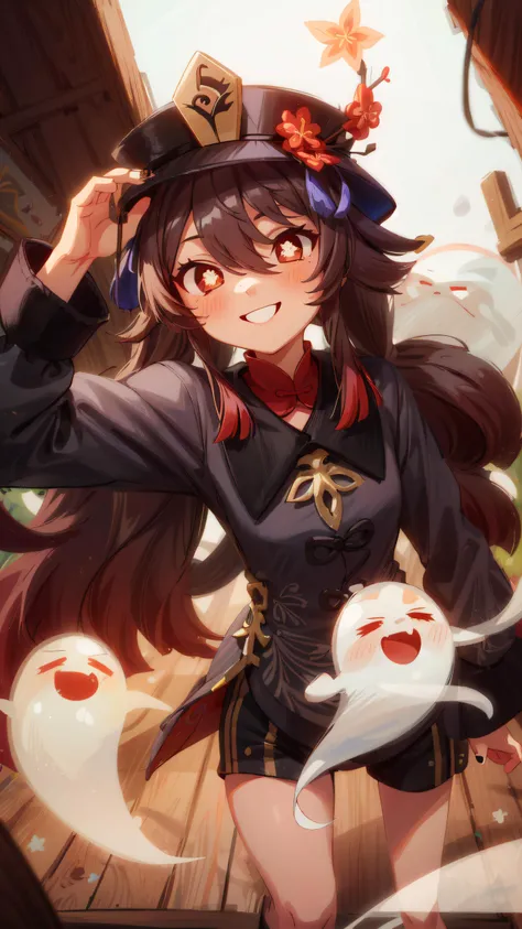 1girl, hu_tao, long hair, symbol-shaped pupils, twintails, flower, hair between eyes, long sleeves, hat, flower-shaped pupils, black headwear, hat flower, very long hair, chinese clothes, black nails, nail polish, ghost, shorts, smile brightly, inside house made of black wood planks, <lora:hu_tao:1> , <lora:add_detail:1>