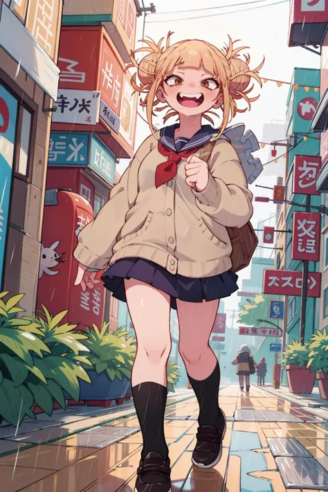 <lora:TogaHimikoLoRA:1>, toga, open mouth, smile, walking down busy city street, raining, masterpiece, best quality,