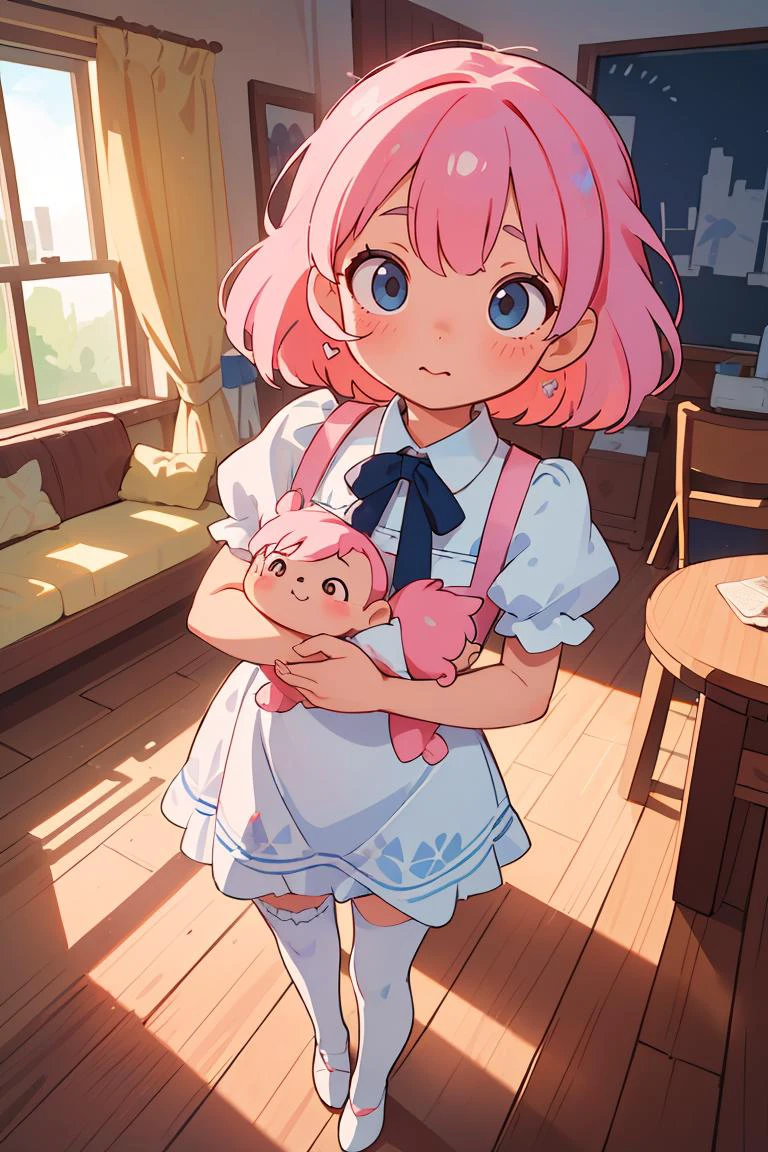 (masterpiece, best quality), 1girl, blue and white frill dress, (white stockings), pink hair, cute face, standing, indoor, intricate detail, sunlight,