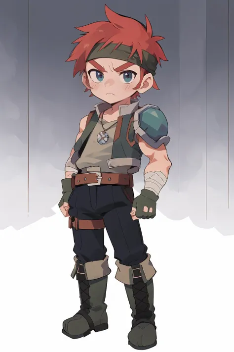 <lora:agatesora:1> masterpiece, best quality, agatesora, 1boy, head band, vest, shoulder armor, sleeveless shirt, necklace, bandages, fingerless gloves, pants, boots, full body, chibi, aged down, muscular male, dynamic pose,