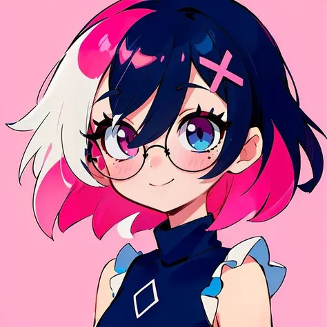 ultra detailed, masterpiece, best quality, solo, 1other, androgynous, 1boy, otoko no ko, heterochromia,(blue eyes, pink eyes:1.3), medium hair, black hair, bangs, hair between eyes, flipped hair, hair over eyes, multicolored eyes, colorful, frills, cute, petite, hair flaps, glasses, x hair ornament, shy, multicolored hair, flat chest, side braid, sleeveless turtleneck, light smile, mole under eye, eyelashes, (pink colored eyelashes:1.3),