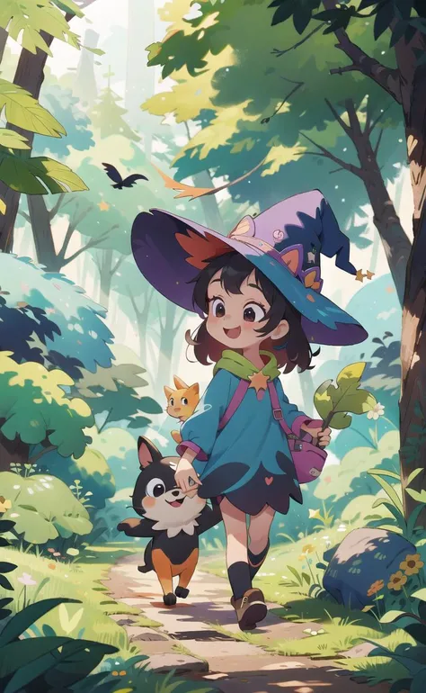 masterpiece, best quality, witch , cute, happy, vibrant, colorful,nature,trail, background forest animals,take a walk