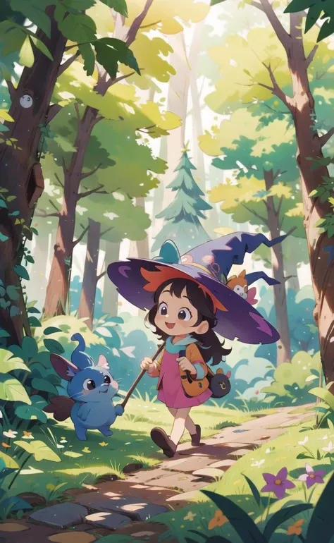 masterpiece, best quality, witch , cute, happy, vibrant, colorful,nature,trail, background forest animals,take a walk