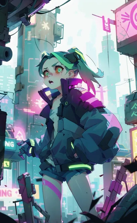 1girl, rebecca \(cyberpunk\), Gritty neon, synthetic textures, modded limbs, worn materials, atmospheric fog, rebellious stances, urban decay, layered storytelling, sci-fi tech, dystopian settings, twin tail<lora:rebecca_v1:1>