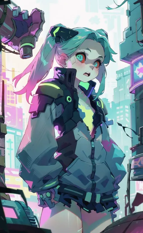 1girl, rebecca \(cyberpunk\), Gritty neon, synthetic textures, modded limbs, worn materials, atmospheric fog, rebellious stances, urban decay, layered storytelling, sci-fi tech, dystopian settings, twin tail<lora:rebecca_v1:1>