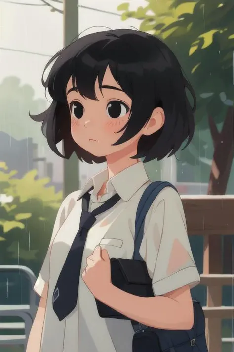 1girl,cute, solo,short hair, black hair,upper body,bag, realistic, shirt, black eyes,school yard, long shot,rainning