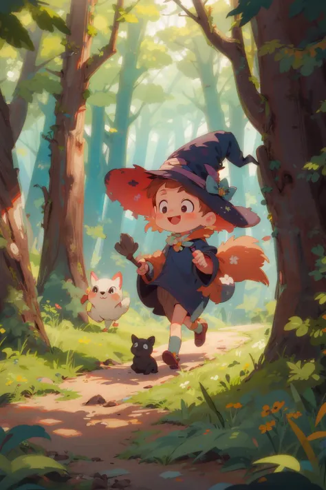 masterpiece,best quality,witch,cute,happy,vibrant,colorful,nature,trail,background forest animals,take a walk,
