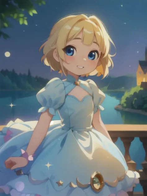 (AS-YoungestV2:1), 8k, masterpiece, best quality, (cute, extremely cute girl, flat chest, perfecteyes eyes, beautiful eyes, adorable girl, round face, tomboy), parted lips:1.1, cute smile:.5, ahegao:.3, (blue eyes, looking at viewer), ((upper body shot, fantasy princess dress, cutesy dress, depth of field, bokeh)), (on balcony of castle, lake in background, moonlight, nighttime), realistic lighting, colorful, blonde hair, short hair with bangs,