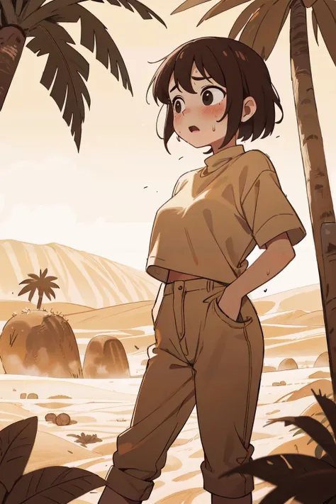 masterpiece, best quality, high contrast, professional photography of a girl in a desert, soft light, sharp focus, 1girl, sand, desert, girl wearing safari clothes, very hot weather, palm tree, sweating, melting
