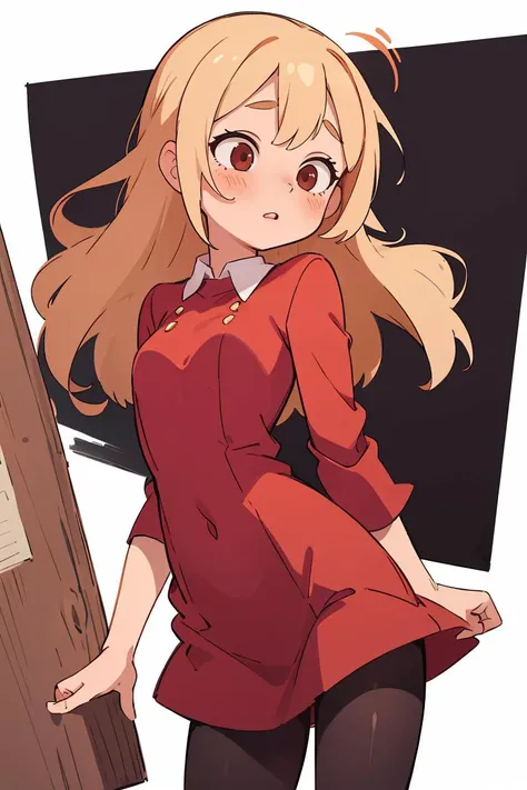 (masterpiece, best quality), 1girl, blonde hair, red dress, pantyhose, cute face, blush,