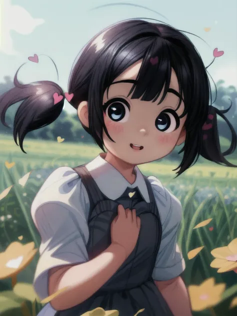 (AS-YoungestV2:1.4), 8k, masterpiece, best quality, (cute, extremely cute girl, flat chest, perfecteyes eyes, beautiful eyes, adorable girl, round face, tomboy), parted lips:1.4, cute smile:.4, ahegao:.5, (big eyes:.5), ((perfect face, hearts, heart dress, depth of field:.4, bokeh:.6, pov, looking at viewer, black hair, childish twintails)), (in field of flowers, morning, strong wind), realistic lighting, colorful