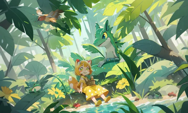 rain,dutch angle,smile,yellow,sitting,summer,fantasy animals,animal ears,polkadots,lizard