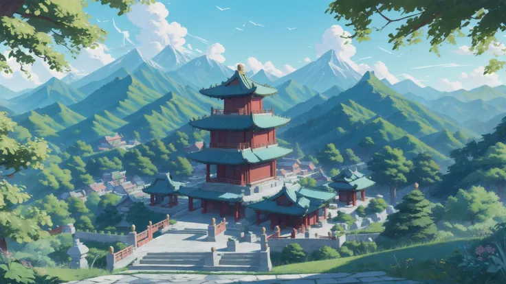 a close up of a poster of a building with a sky background, temple background, cyberpunk chinese ancient castle, palace background, background depicting a temple, anime background art, ancient china art style, ancient city landscape, g liulian art style, detailed scenery —width 672, beautiful render of tang dynasty, digital painting of a pagoda, vertical wallpaper