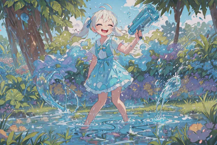 colorful, shine, beautiful-detailed eyes, solo, solo focus, 1girl, disheveled hair, beautiful detailed sky, dynamic angle, dynamic hair, cinematic light, glow white particles,
sfw, happy, full body,
smile, closed eyes, clenched teeth, open mouth, twintails,
splashing, water splash to viewer, water splash, holding hose, sparkle water, hose,
on grass, on ground, backyard, yard faucet, on gravel, rainbow,
Style - Colorful and Vibrant
Background - Lush Green Garden
Subject - Beaming with Joy
View - Up-close and Personal
Appearance - Playful Twintails with Ribbons
Outfit - Casual Summer Dress
Pose - Confidently Holding the Hose
Details - Water Droplets Glistening in the Sunlight
Effects - Splashing Water Everywhere
Description - "Having a blast under the sun, the cheerful girl joyfully splashes water with a hose in her lush backyard. Her twintails bounce with each playful movement, and she can't help but smile with glee. The colorful water splashes create a mesmerizing spectacle, and the scene exudes pure summer fun.", masterpiece, best quality, <lora:gosegu_v3.2:0.4>, blue eyes, white hair, sky blue hairclip, [ahoge]