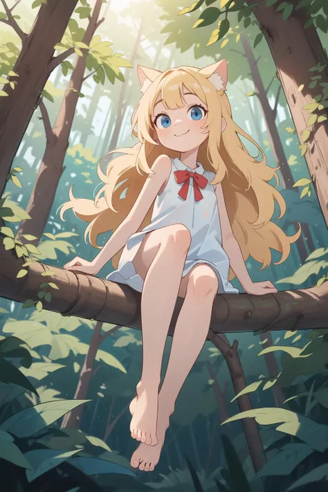 full body of cat girl sitting on branch in forest, best quality, highres, from below, cute, barefoot, white sundress, long hair, wavy hair, blonde hair, bangs, blue eyes, looking at viewer, light smile, closed mouth, highres,