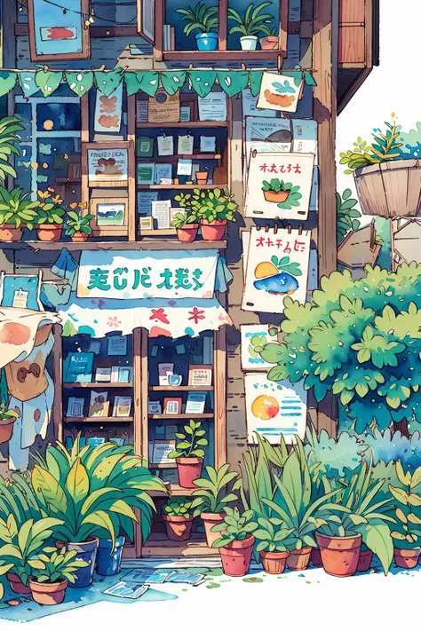 no humans, plant, traditional media, outdoors, potted plant, signature, scenery, watercolor (medium), painting (medium), building, day, shop<lora:Pastel color:0.85>
