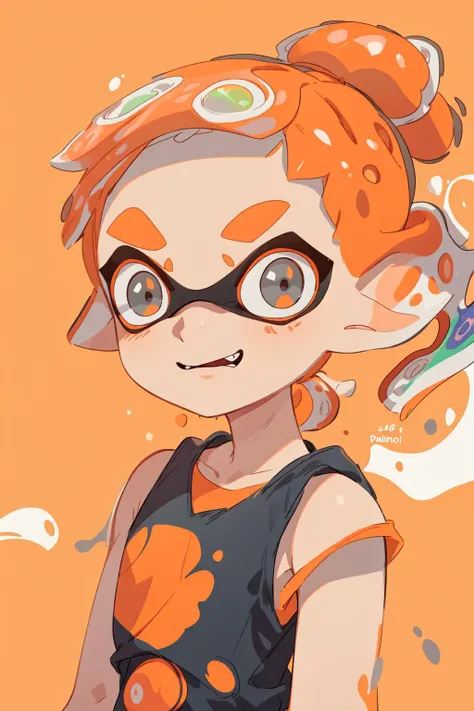 solo, 1boy, male focus, male child, (splatoon:1.25), (inkling boy:1.25), little child of age 7,
(low ponytail, short ponytail), tank top, orange background, eye reflection, paint, paint splash, sparkling eyes, (open mouth:0.5), (smile:0.25), thin armband,
best quality, close-up:0.5, upper body,