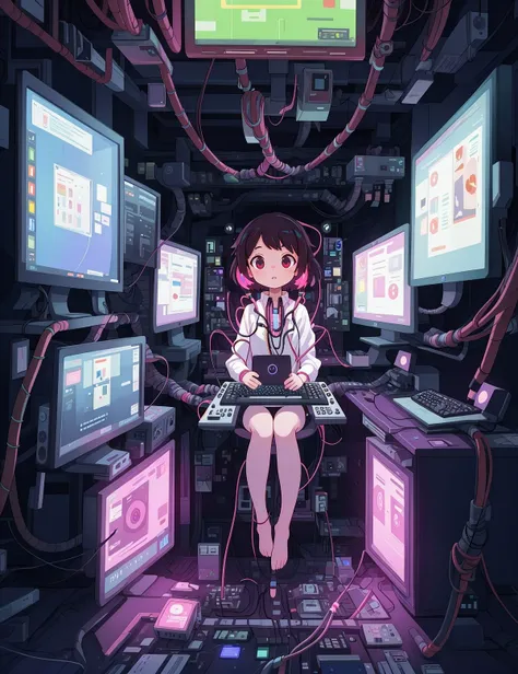 (masterpiece, best quality), full body shot of a woman levitating, barefoot, wires, cables, inside computer, glitching effect, neon tubes, digital effect, computer glitch effect, cinematic