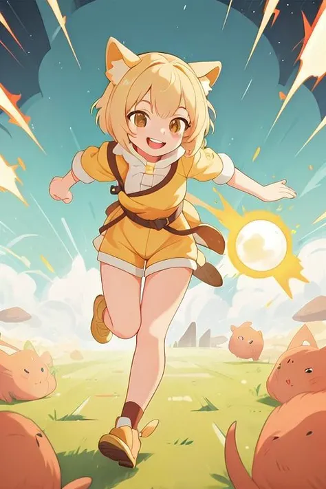 masterpiece,best quality,1girl,solo,antasy,blonde short hair,animal ears,action,dynamic,run,smile