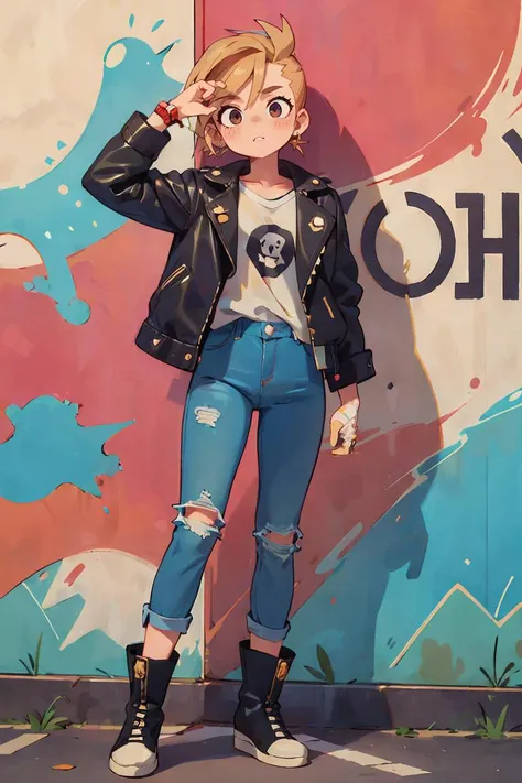 1girl, Leather biker jacket, Distressed jeans, Studded ankle boots, Street graffiti background,
best quality, masterpiece, ultra high res