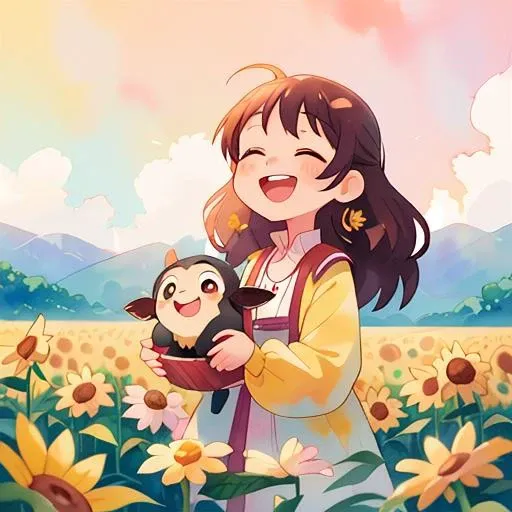 best quality,masterpiece,a child laughing and playing with pure joy,the feeling of happiness and joy that fills your whole being,spilling out in laughter and playfulness,a sunny field is filled with flowers,the world is alive with color and life,jubilation,happy,filled with joy,laughter,sunshine,(watercolor \(high\), IrisCompiet:1.2),<lora:IrisCompietStyle:1>,flower,yellow_flower,sunflower,1girl,flower_field,field,daisy,cloud,dandelion,orange_flower,sky,closed_eyes,cloudy_sky,solo,open_mouth,dress,outdoors,white_flower,smile,mountain,long_hair,lily_\(flower\),long_sleeves,<lora:shuicaihua:1>,