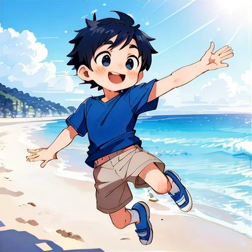 <lora:bbtbs:1> bbtbs,1boy, jumping in the air, happy, joyful, beach, sunny day, best quality
