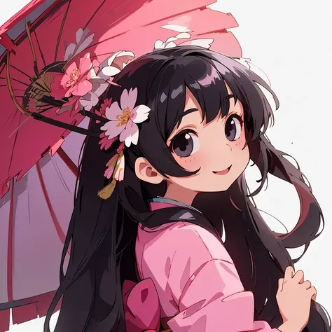 newtype, masterpiece, best quality,
1girl, solo, kimono, black hair, hair ornament, bang, ultra perfect detailed black eyes,
long hair, Japanese clothes, pink clothes,hair flower, looking at viewer,smile
,perfect lighting, front light, simple background, (shiny skin),